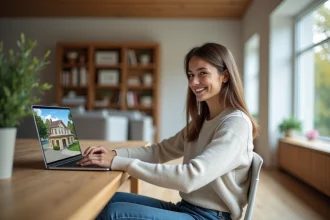 Jeune femme souriante utilisant un ordinateur pour une visite virtuelle