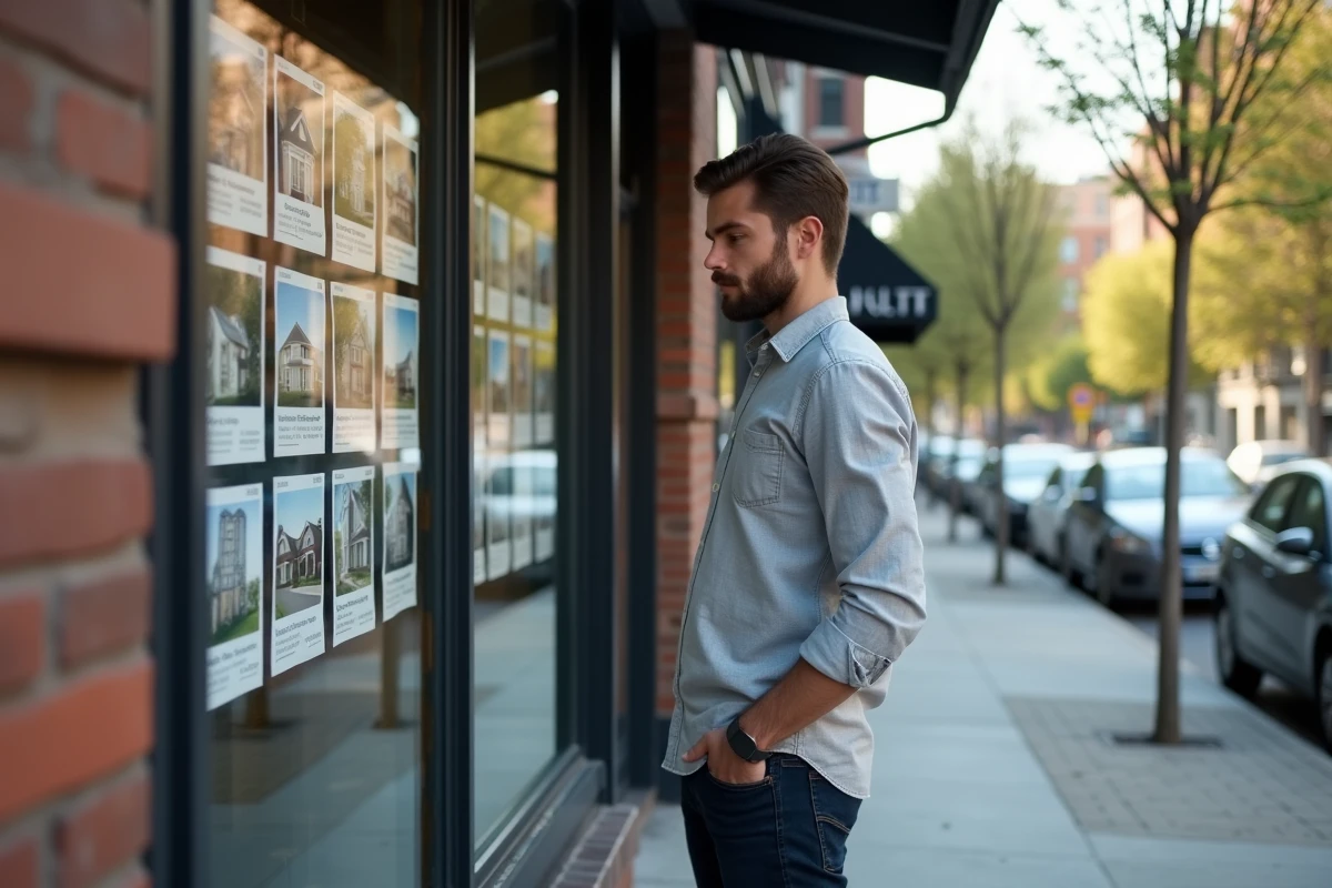 Jeune homme consulte annonces immobilières devant agence
