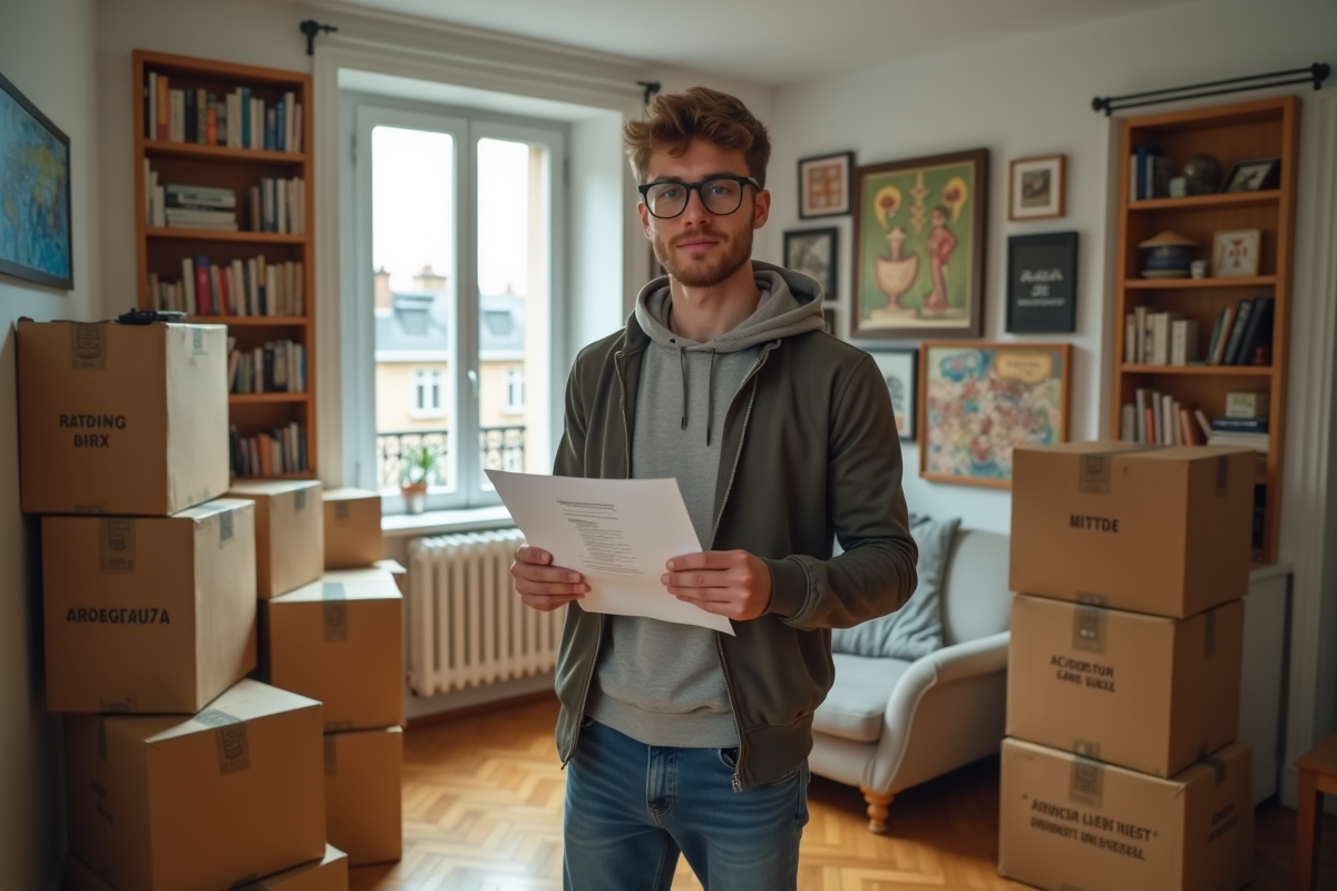 Jeune homme tenant un contrat dans un appartement parisien en transition
