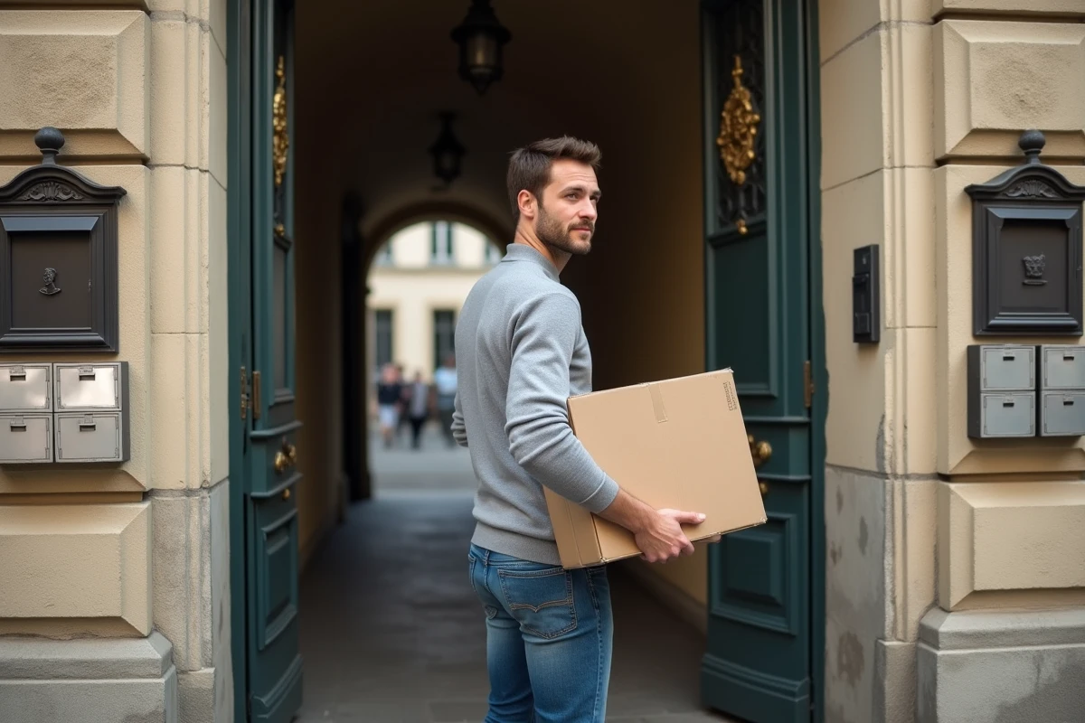 Jeune homme avec carton devant l