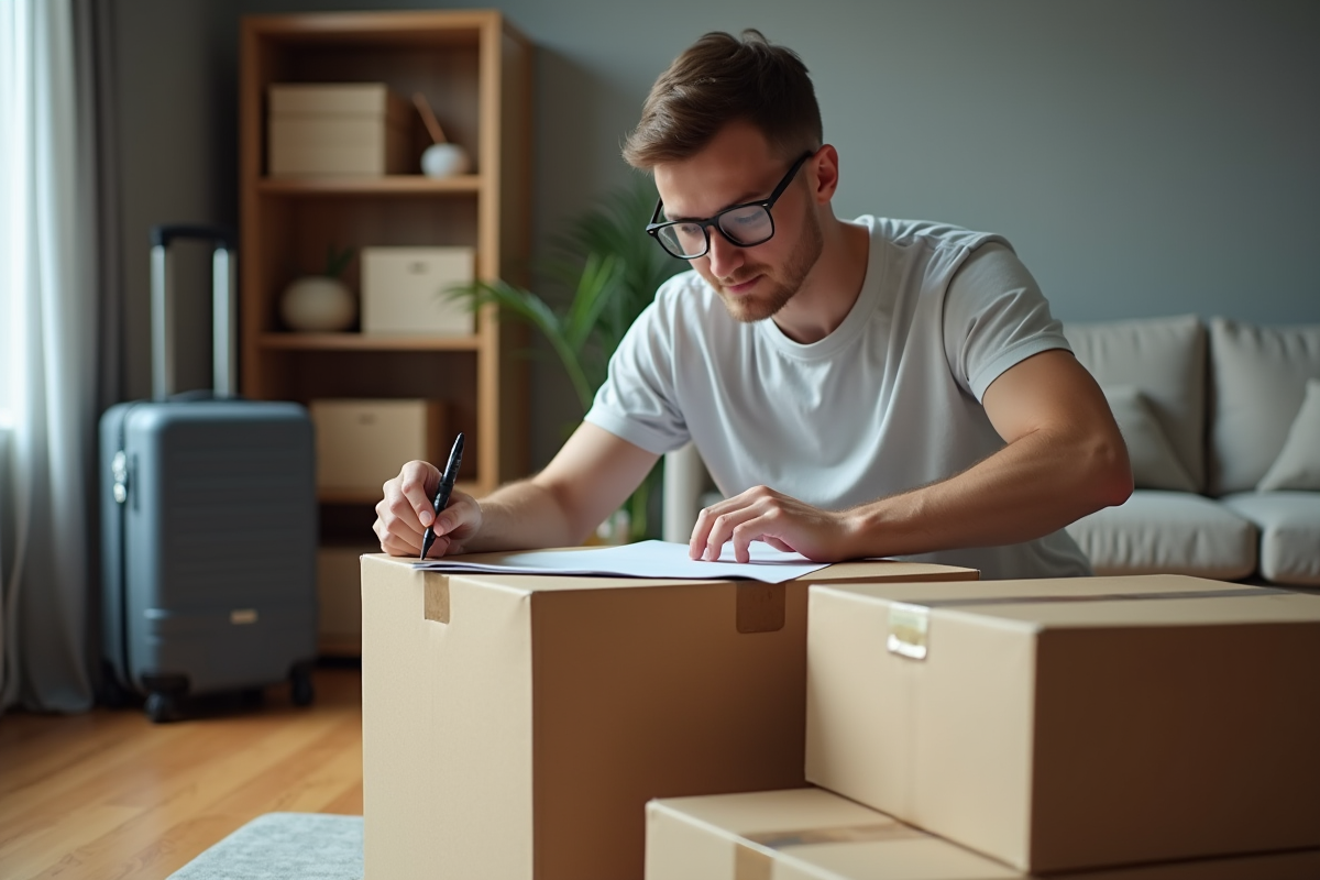 Jeune homme organisant des cartons dans un salon moderne