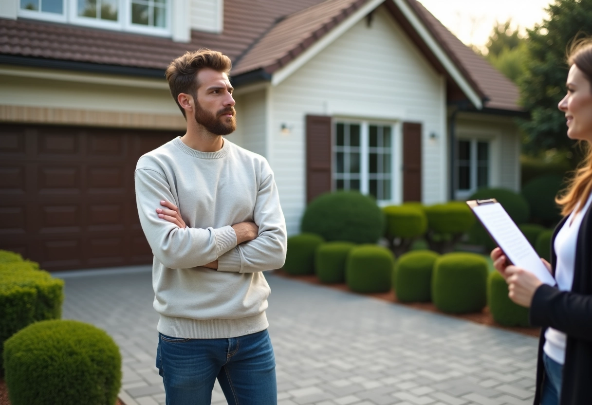 Jeune homme observe une maison avec un agent immobilier dehors