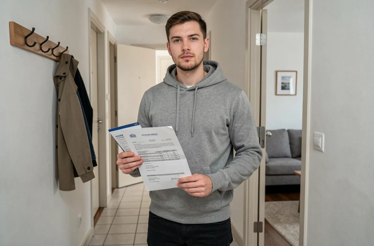 Jeune homme locataire tenant des documents d'assurance habitation dans l'entrée de son appartement