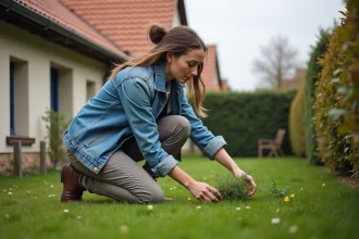 Femme inspectant un petit jardin normand en extérieur