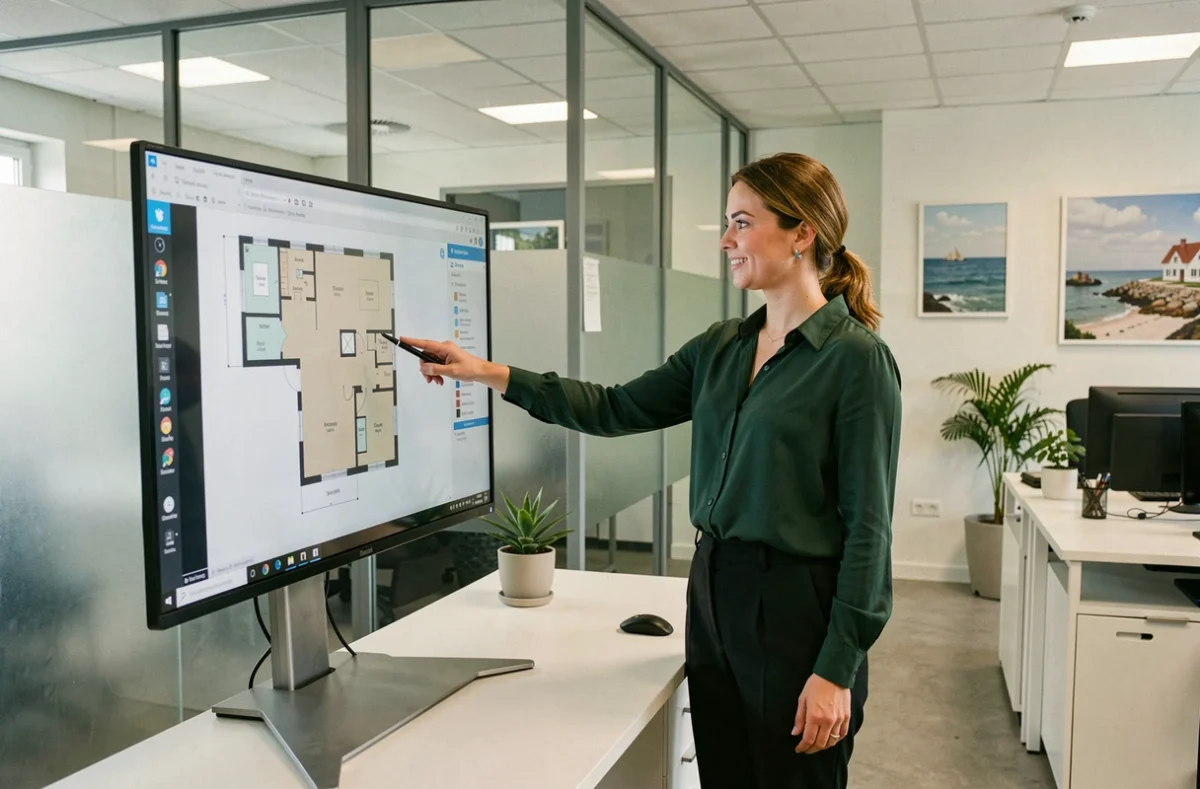 Gestionnaire immobilière de Keredes Gestion Immobiliere présentant des plans de copropriété sur écran numérique