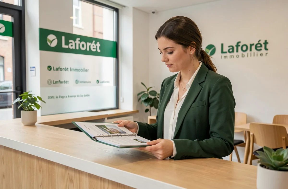 Agente immobilière Laforêt en veste verte consultant un dossier de propriété à l'intérieur de l'agence