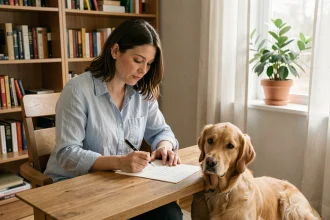 Femme rédigeant une lettre de motivation pour location avec son chien golden retriever couché à ses pieds dans un bureau ordonné