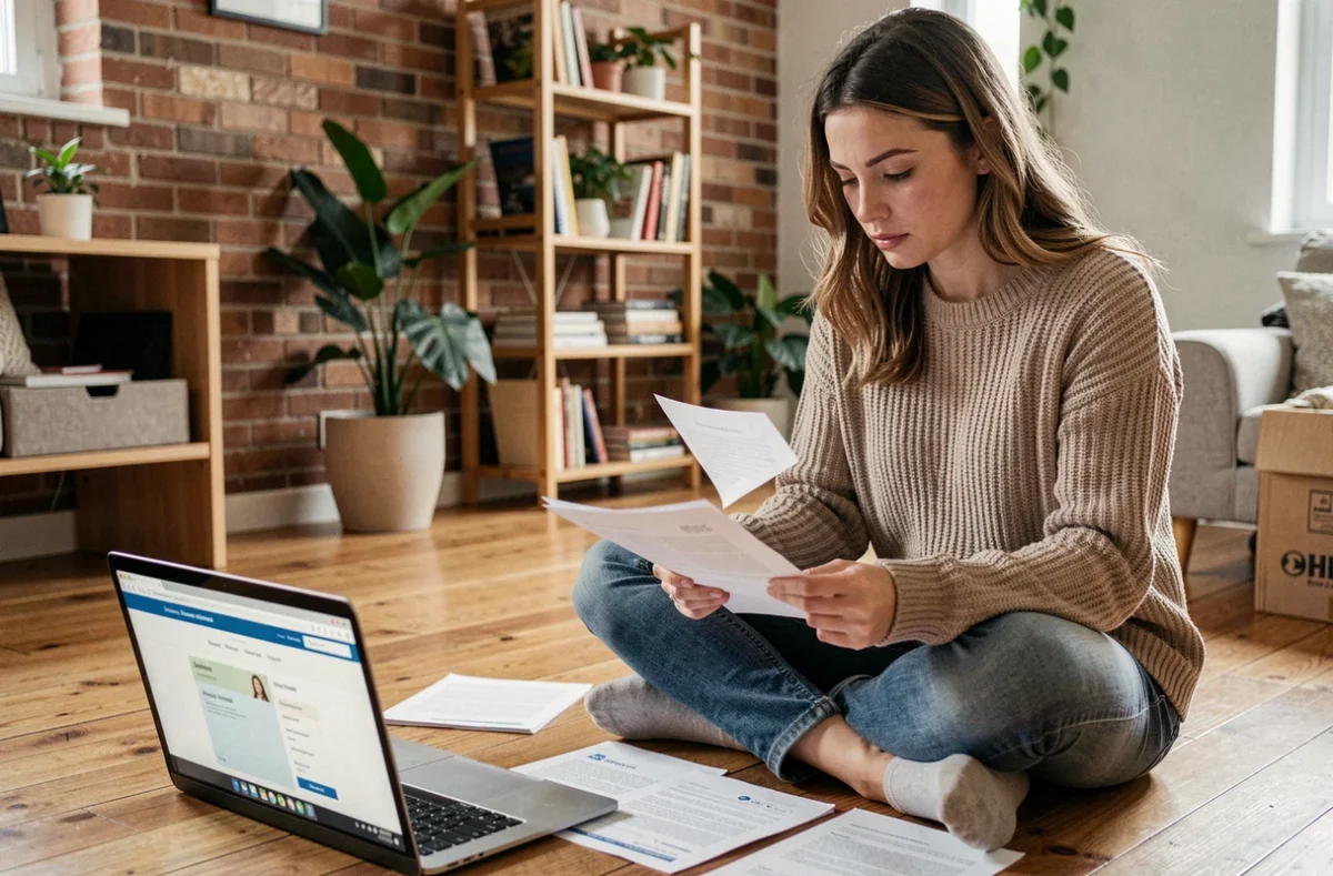 Jeune locataire qui compare les prix d'assurance habitation sur son ordinateur avec des documents éparpillés sur le sol de son appartement