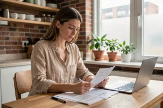 Locataire femme examinant son contrat d'assurance habitation à une table en bois dans un appartement moderne
