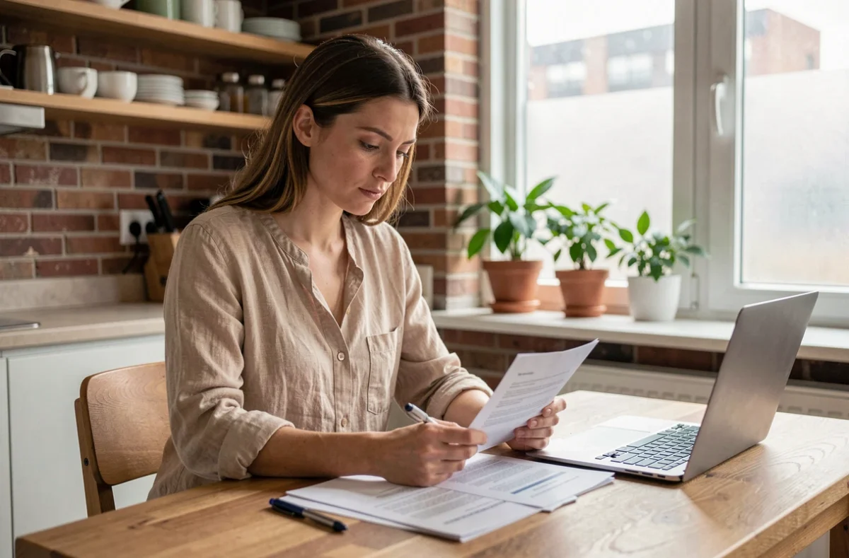 Locataire femme examinant son contrat d'assurance habitation à une table en bois dans un appartement moderne