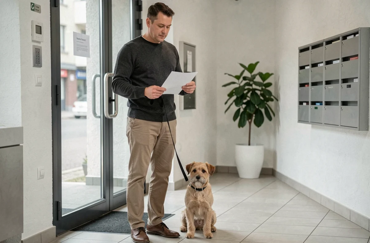 Homme tenant une lettre de motivation devant l'entrée d'un immeuble avec son petit chien en laisse