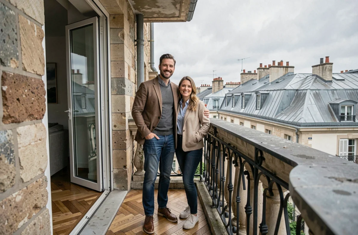 Couple de locataires satisfaits sur le balcon d'un appartement parisien géré par Orpi Invest Immo