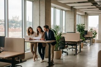 Professionnels travaillant dans un bureau moderne en open space à Lyon avec vue sur la ville en 2026