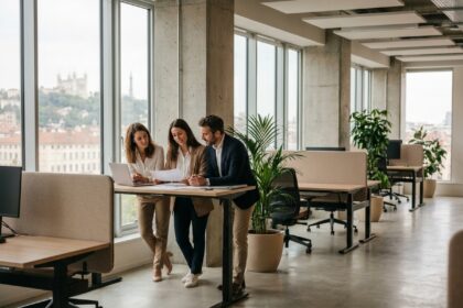 Professionnels travaillant dans un bureau moderne en open space à Lyon avec vue sur la ville en 2026