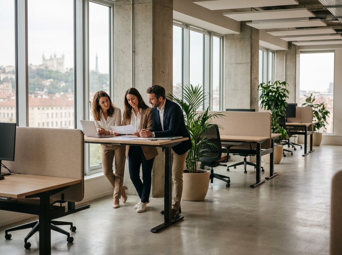Professionnels travaillant dans un bureau moderne en open space à Lyon avec vue sur la ville en 2026