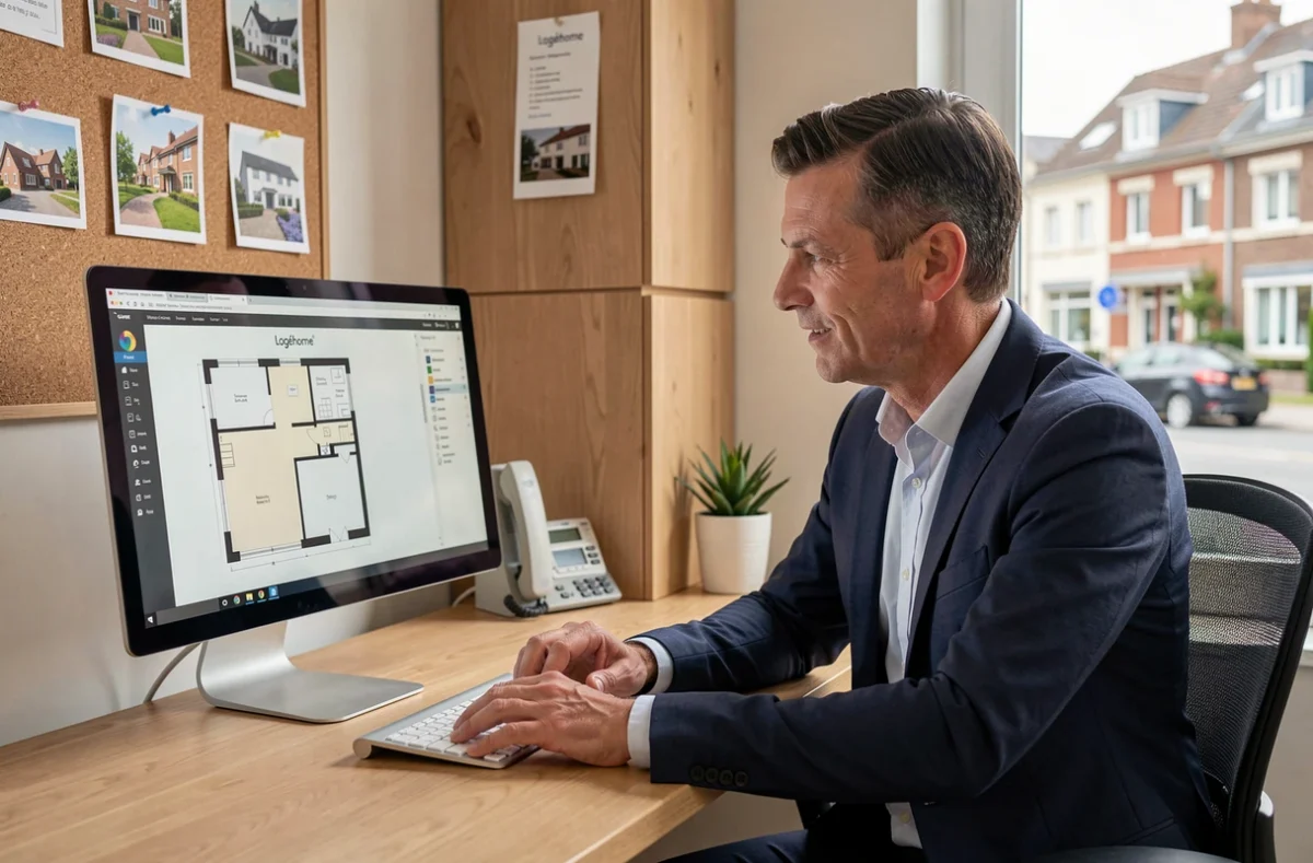 Agent Logéhome montrant un plan de propriété sur écran à un client dans une agence moderne