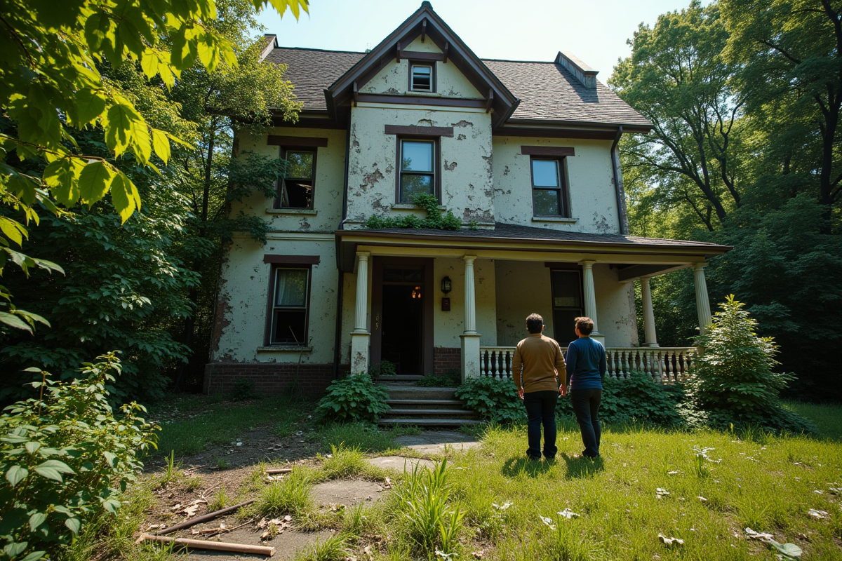 Façade de maison en mauvais état avec jardin envahi et couple inquiet
