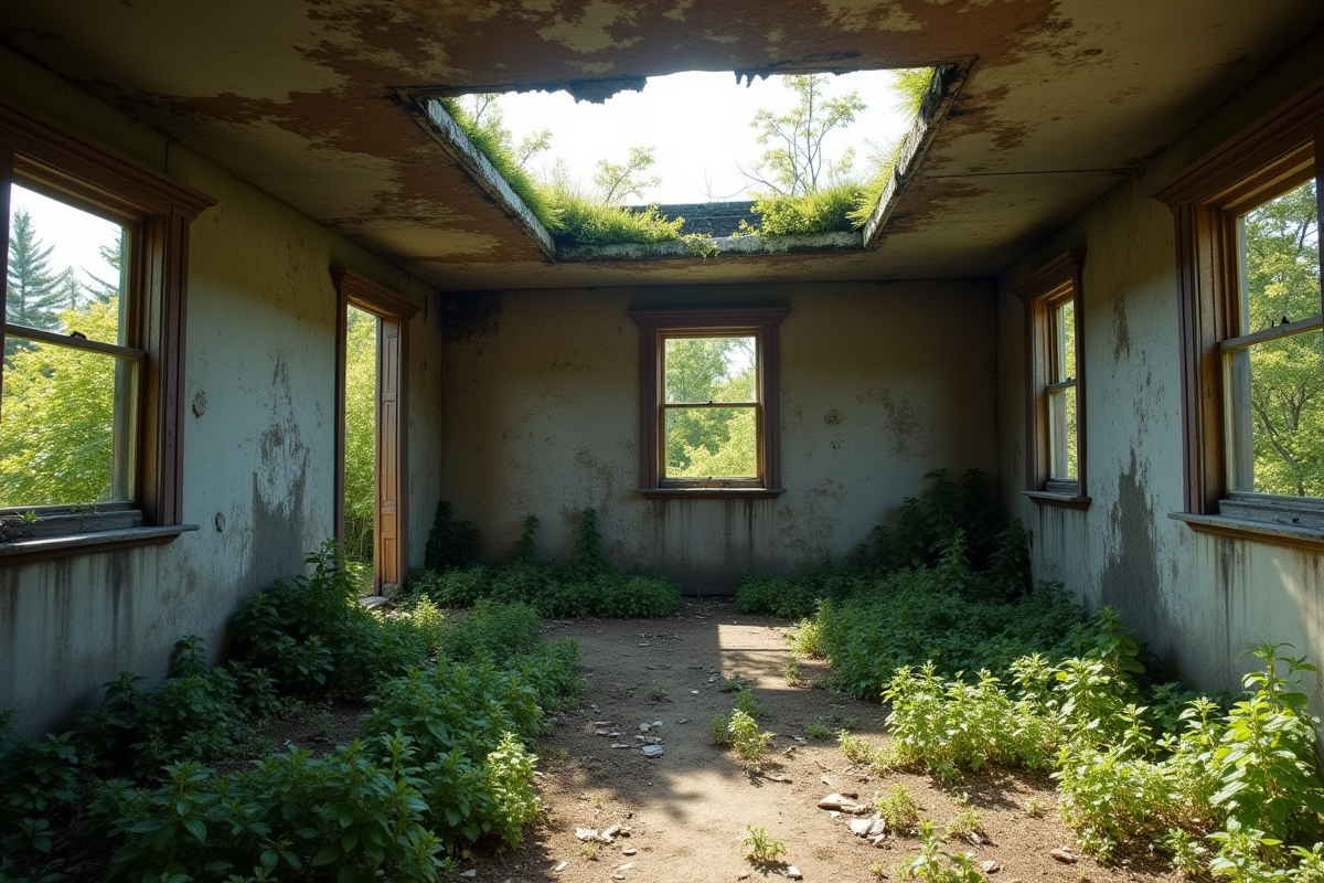 Maison abandonnée avec délabrement visible et lumière du soleil