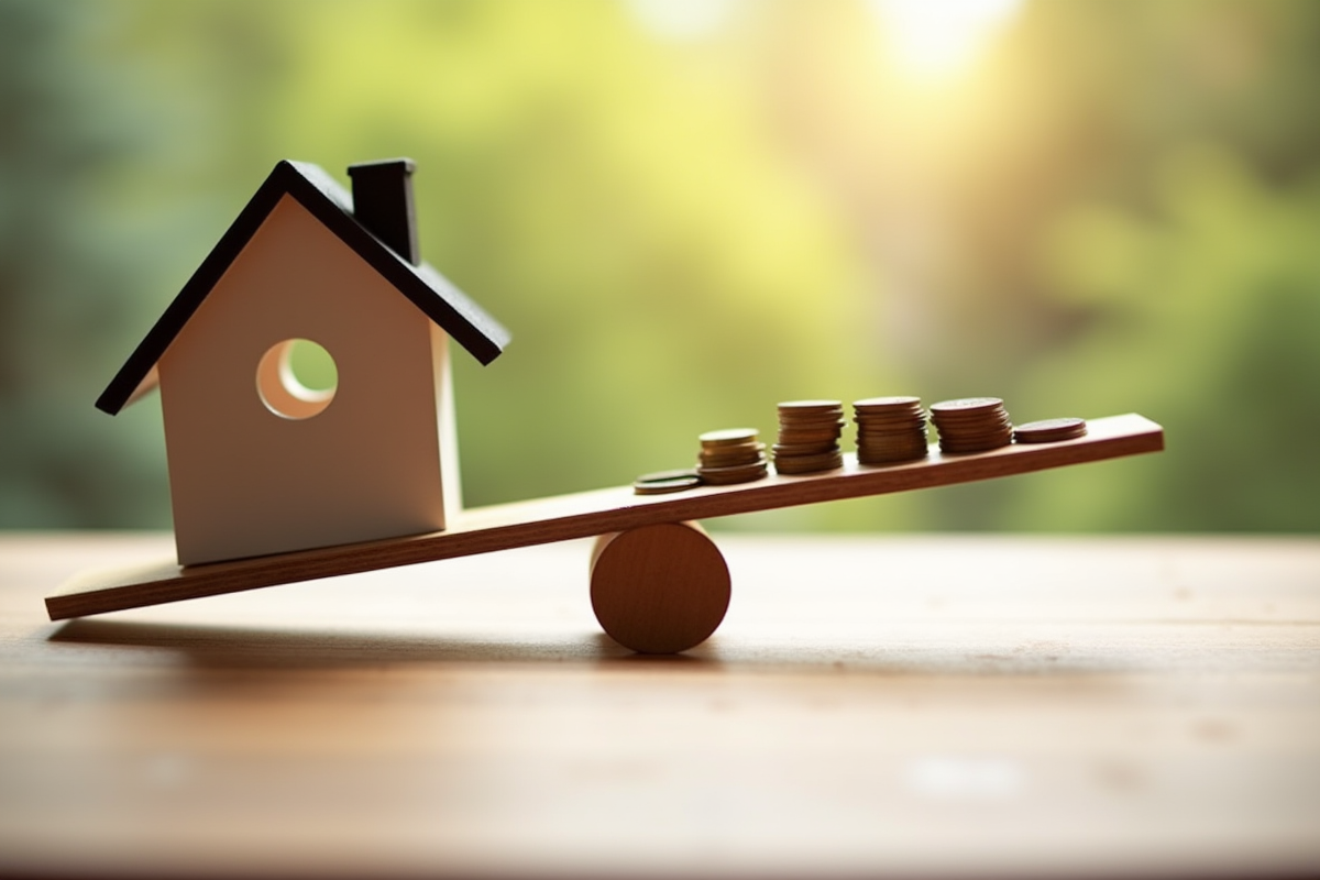 Mini maison sur une balançoire avec des pièces de monnaie en équilibre