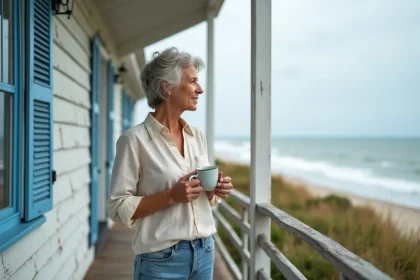 Femme contemplant l'océan depuis la terrasse de sa maison en bord de mer, illustrant la vie à l'année au bord de la côte