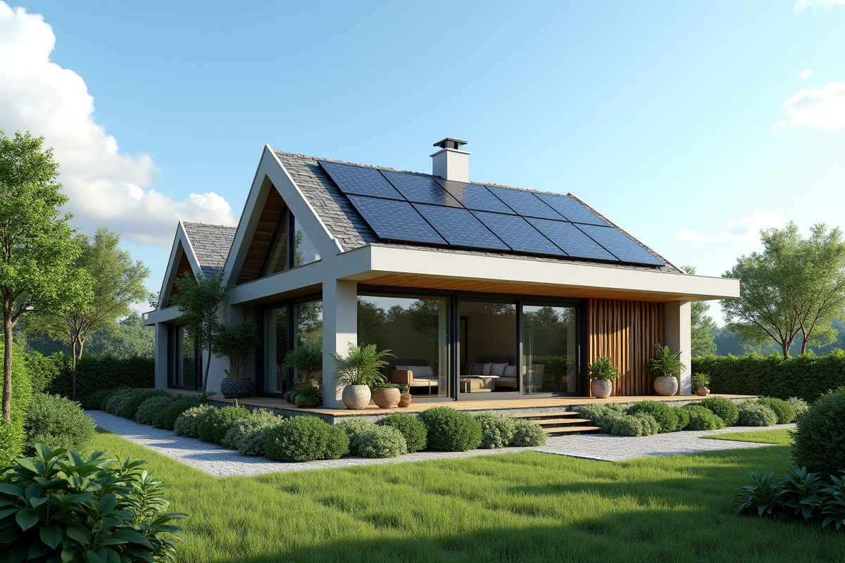 Maison écologique moderne avec panneaux solaires et grand jardin