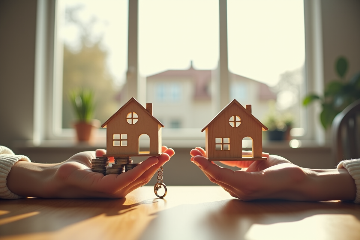Mains tenant maison miniature avec clés et pièces de monnaie