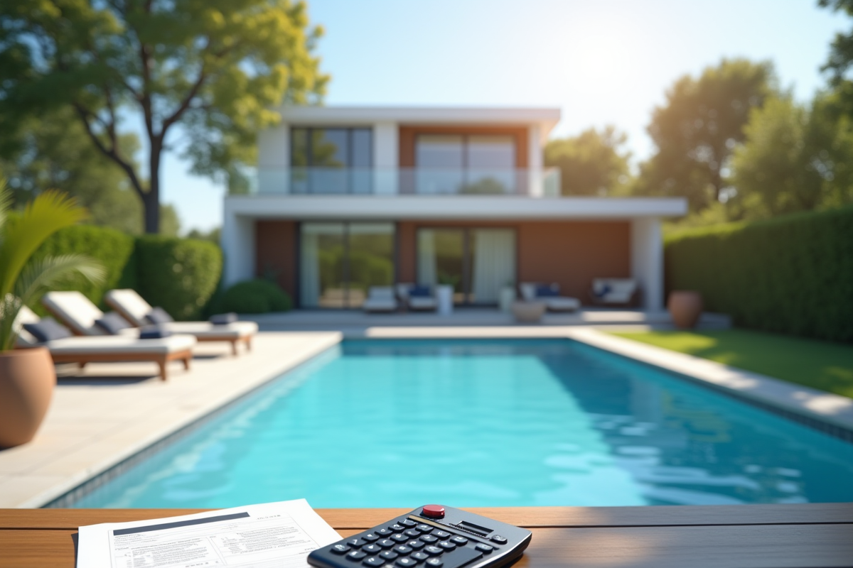 Maison moderne avec piscine et documents fiscaux au bord de la piscine