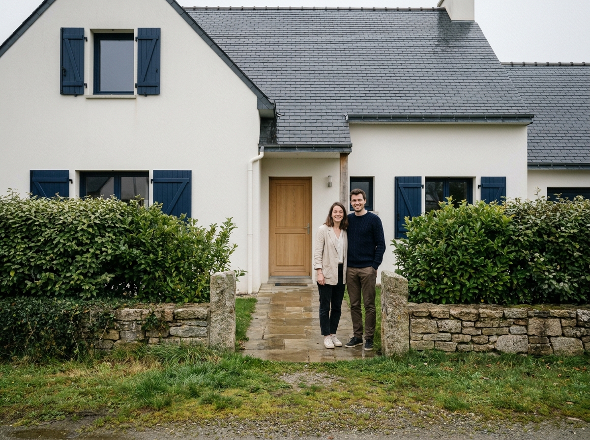 Couple devant leur maison neuve en Bretagne avec toiture en ardoise et volets bleus marine