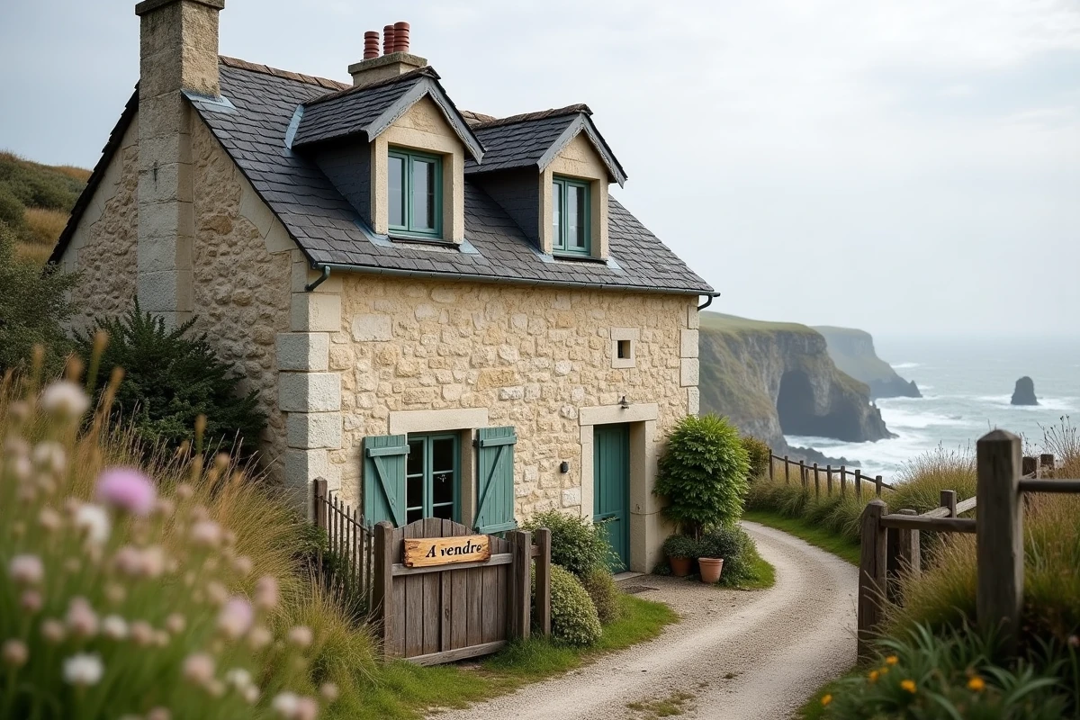 Maison normande en pierre à vendre au bord de mer avec panneau de vente et vue sur la falaise