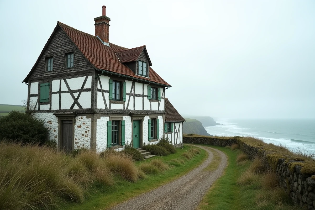 Maison normande à colombages sur les falaises avec vue panoramique sur la mer en Normandie