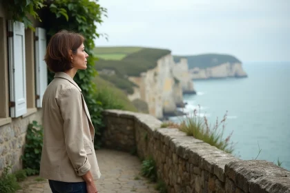 Femme devant une maison normande en pierre avec vue sur la mer depuis la terrasse