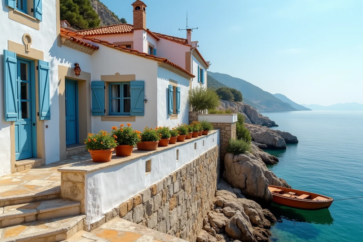 Maison de pêcheur méditerranéenne avec volets bleus et terrasse vue mer, idéale pour projet Airbnb