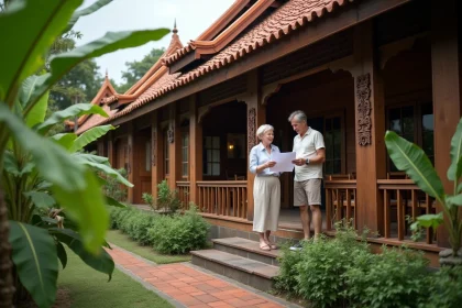 Couple occidental visitant une maison traditionnelle thaïlandaise en bois à vendre à Chiang Mai, entourée de végétation tropicale