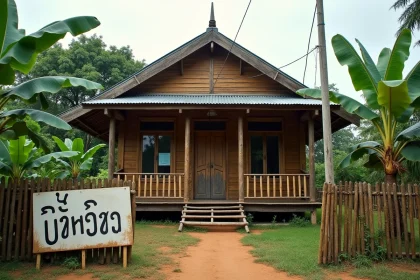 Petite maison traditionnelle en bois thaïlandaise à vendre dans un village rural, avec panneau immobilier en script thaï