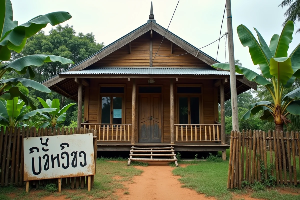 Petite maison traditionnelle en bois thaïlandaise à vendre dans un village rural, avec panneau immobilier en script thaï