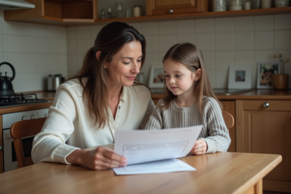 Mère et fille discutant à la cuisine avec papiers officiels