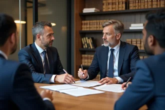 Agent immobilier et client examinant les clauses TVA d'un compromis de vente dans un bureau notarial moderne