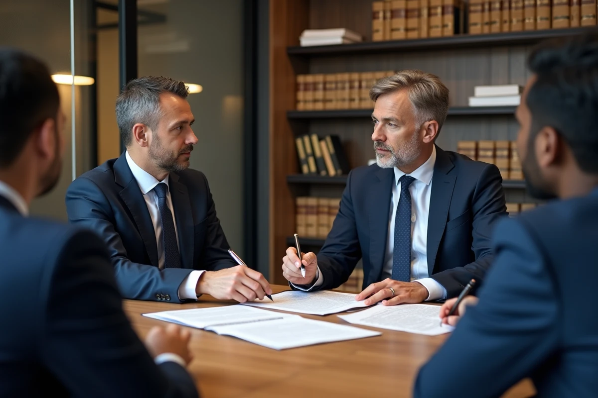 Agent immobilier et client examinant les clauses TVA d'un compromis de vente dans un bureau notarial moderne