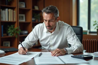 Marchand de bien analysant des frais de notaire sur des documents immobiliers dans un bureau professionnel