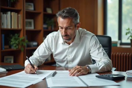 Marchand de bien analysant des frais de notaire sur des documents immobiliers dans un bureau professionnel