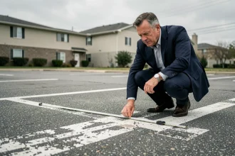Syndic mesurant les dimensions non conformes d'une place de parking avec un mètre ruban sur un marquage au sol effacé