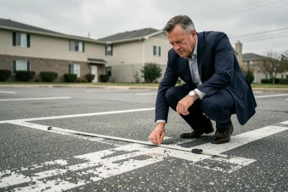 Syndic mesurant les dimensions non conformes d'une place de parking avec un mètre ruban sur un marquage au sol effacé