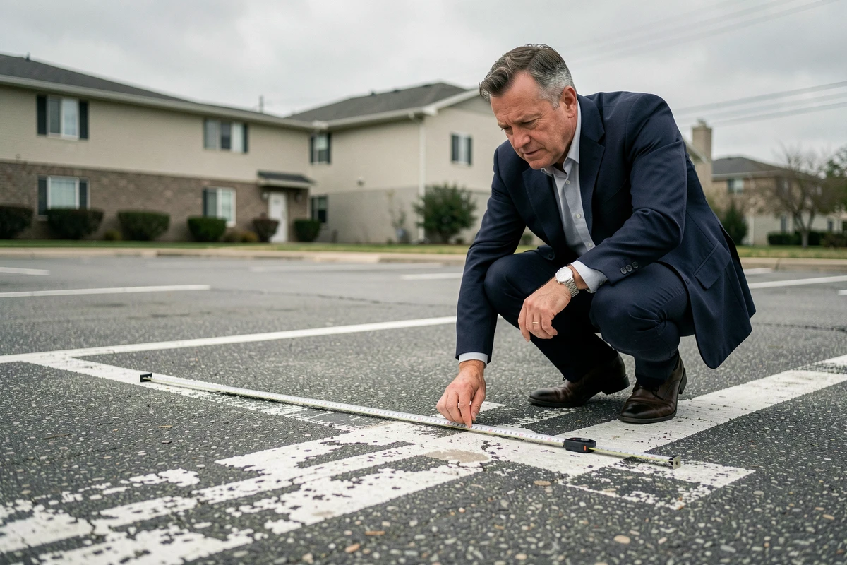 Syndic mesurant les dimensions non conformes d'une place de parking avec un mètre ruban sur un marquage au sol effacé