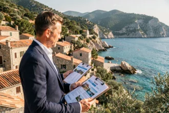 Agent immobilier en Corse consultant des annonces avec vue sur un village côtier méditerranéen