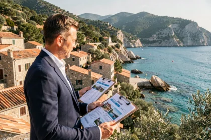 Agent immobilier en Corse consultant des annonces avec vue sur un village côtier méditerranéen