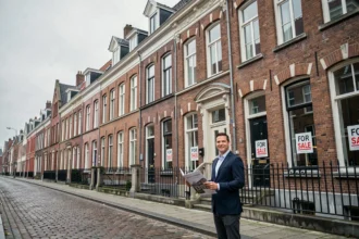 Vue d'ensemble d'une rue du Nord avec des maisons flamandes en briques et un agent immobilier tenant un prospectus