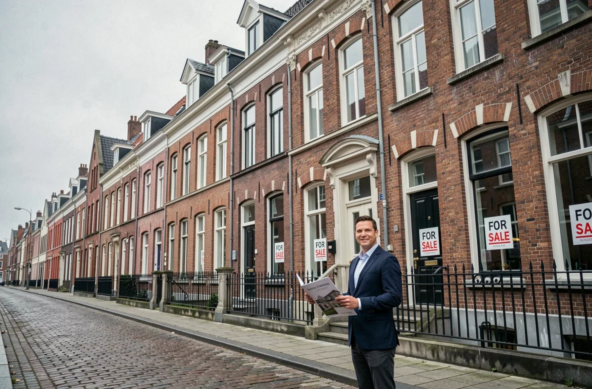 Vue d'ensemble d'une rue du Nord avec des maisons flamandes en briques et un agent immobilier tenant un prospectus
