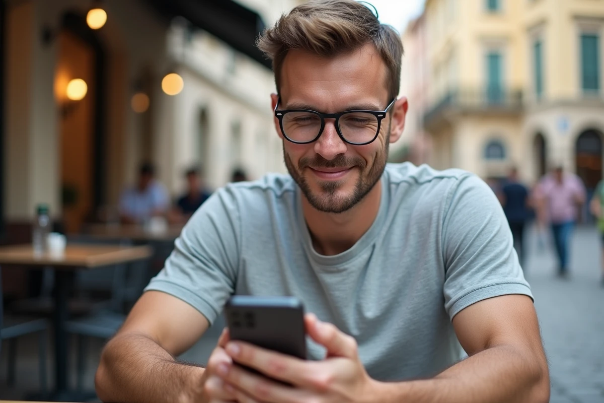 Homme français à l'étranger tentant de se connecter à My Foncia via son smartphone depuis une terrasse de café