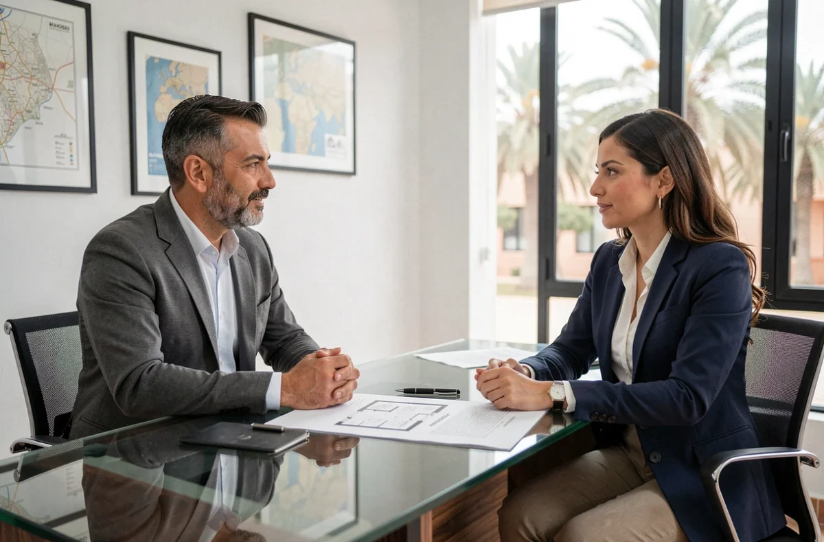 Négociation entre vendeur et acheteur lors d'une transaction immobilière à Marrakech