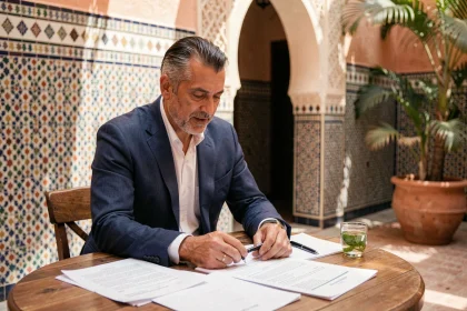Vendeur d'appartement marocain négociant la vente dans un riad traditionnel de Marrakech